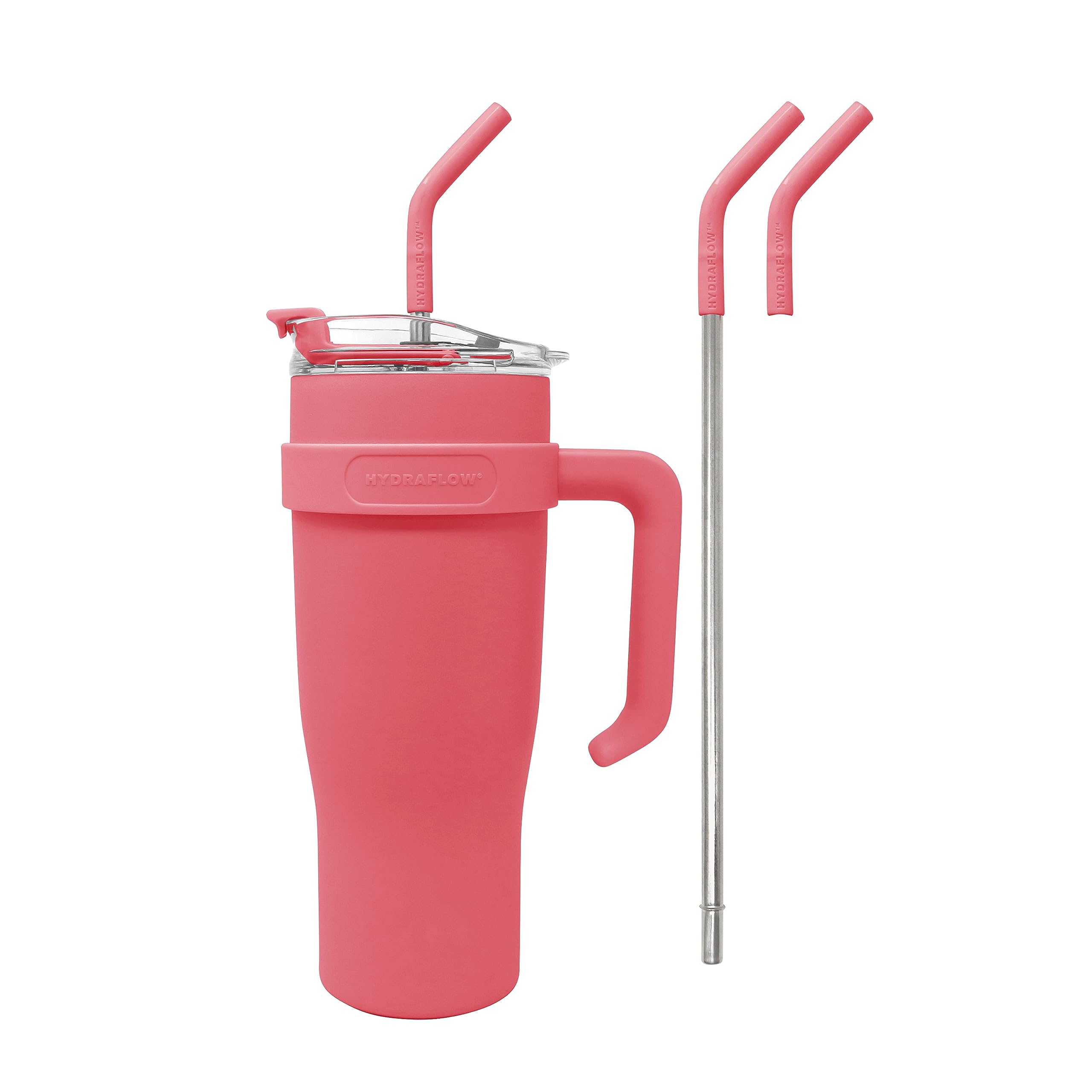 HYDRAFLOW Capri - 40oz Tumbler with Straw and Handle - Triple Wall Vacuum Insulated Tumbler - Insulated Smoothie Cup - Stainless Steel Tumbler - Reusable Tumbler with Lid - Coral