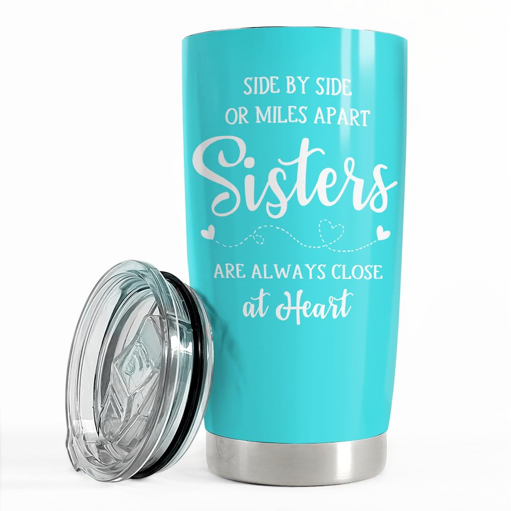 SANDJEST Sister Birthday Gifts from Sister Tumbler Side by Side Close At Heart - 20 oz Silk Printing Mint Stainless Steel Insulated Travel Mug | Christmas Tumblers Gifts from Brothers, Sisters