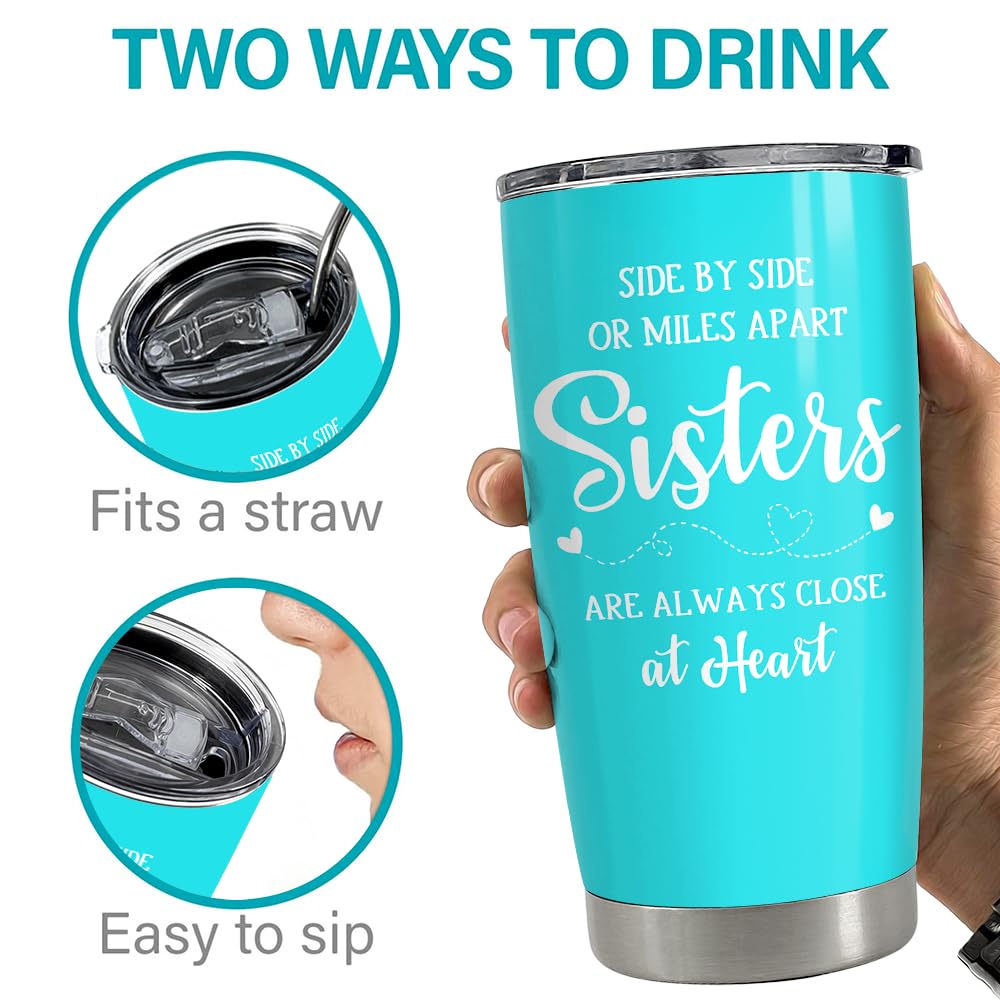 SANDJEST Sister Birthday Gifts from Sister Tumbler Side by Side Close At Heart - 20 oz Silk Printing Mint Stainless Steel Insulated Travel Mug | Christmas Tumblers Gifts from Brothers, Sisters