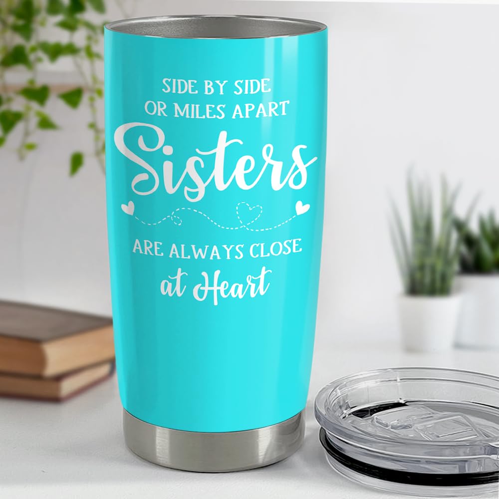 SANDJEST Sister Birthday Gifts from Sister Tumbler Side by Side Close At Heart - 20 oz Silk Printing Mint Stainless Steel Insulated Travel Mug | Christmas Tumblers Gifts from Brothers, Sisters