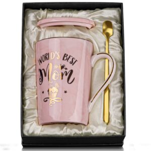 mothers day gifts for mom - mom birthday gifts from daughter son - birthday gifts ideas for mom, new mother, wife, women - ceramic marble world’s best mom coffee mug gift box printed gold 14 oz pink