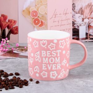 Tergi Gifts for Mom - Mothers Day Birthday Gifts for Mom - Best Mom Mug Gifts for Mom - Best Mom Ever Floral Embossed Pattern Ceramic Coffee Mug 13.5OZ