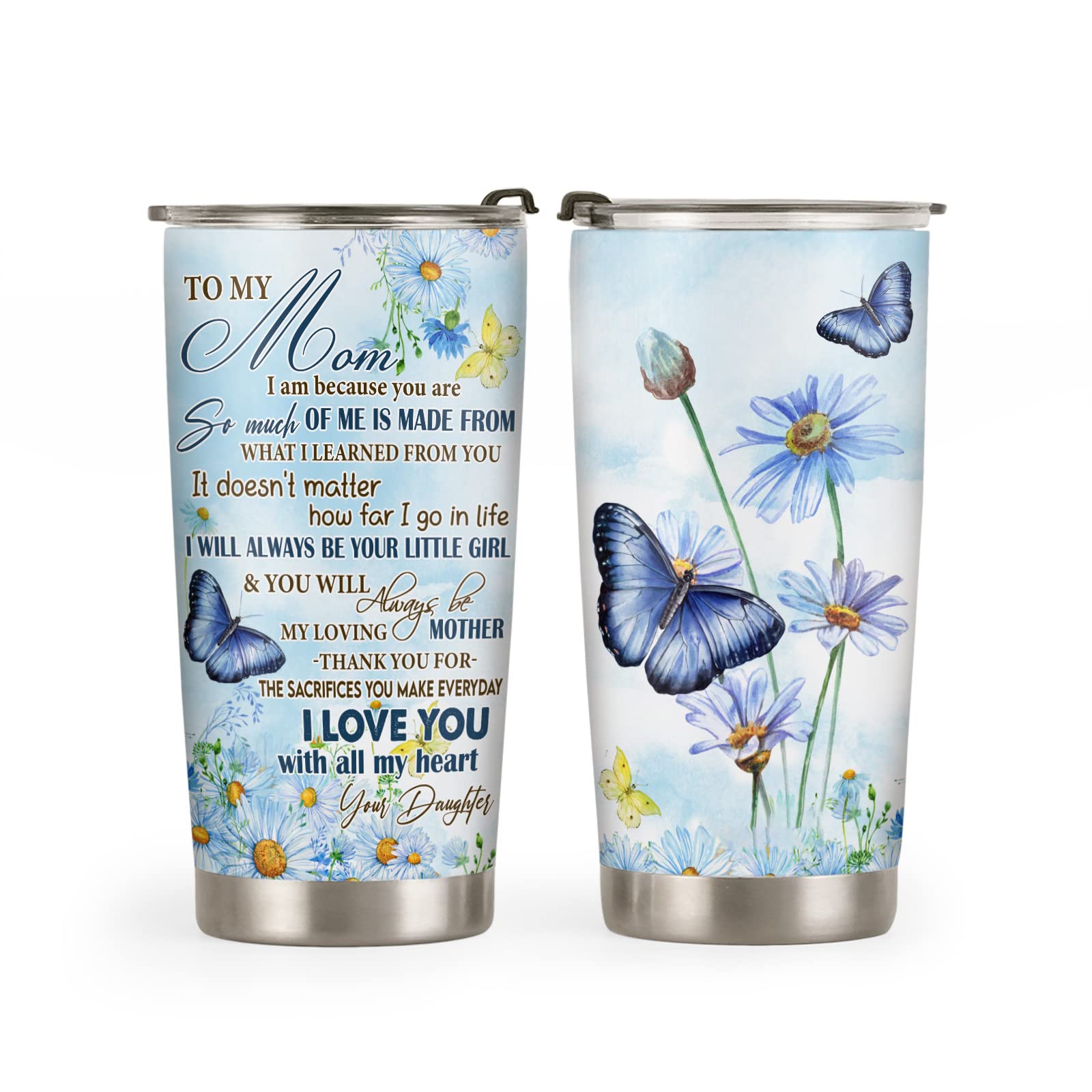 64HYDRO 20oz Daughter to Mom Birthday Gifts for Women, Mom, Friends, Valentines Day Gifts for Her, Inspirational Gifts Butterfly Daisy to Mom Tumbler Cup, Insulated Travel Coffee Mug with Lid