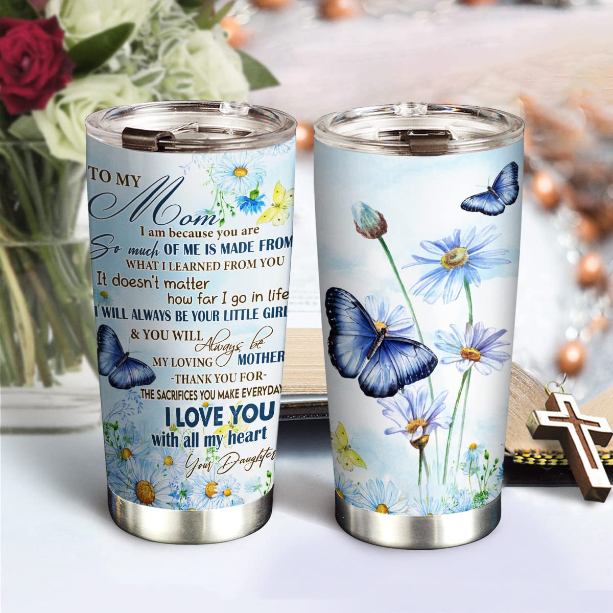 64HYDRO 20oz Daughter to Mom Birthday Gifts for Women, Mom, Friends, Valentines Day Gifts for Her, Inspirational Gifts Butterfly Daisy to Mom Tumbler Cup, Insulated Travel Coffee Mug with Lid