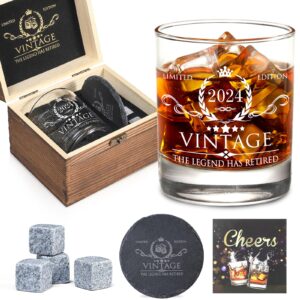 retirement gifts for men whiskey glass set - the legend has retired 2024 - retirement party decorations, supplies - gifts ideas for him, dad, husband, friends - wood box & whiskey stones & coaster