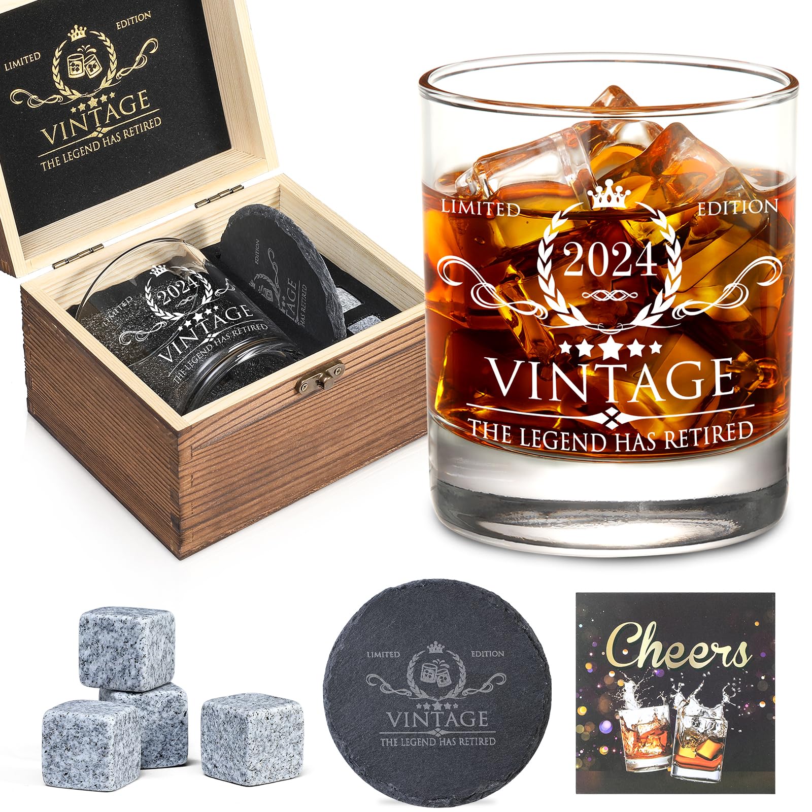 Retirement Gifts for Men Whiskey Glass Set - The Legend Has Retired 2024 - Retirement Party Decorations, Supplies - Gifts Ideas for Him, Dad, Husband, Friends - Wood Box & Whiskey Stones & Coaster