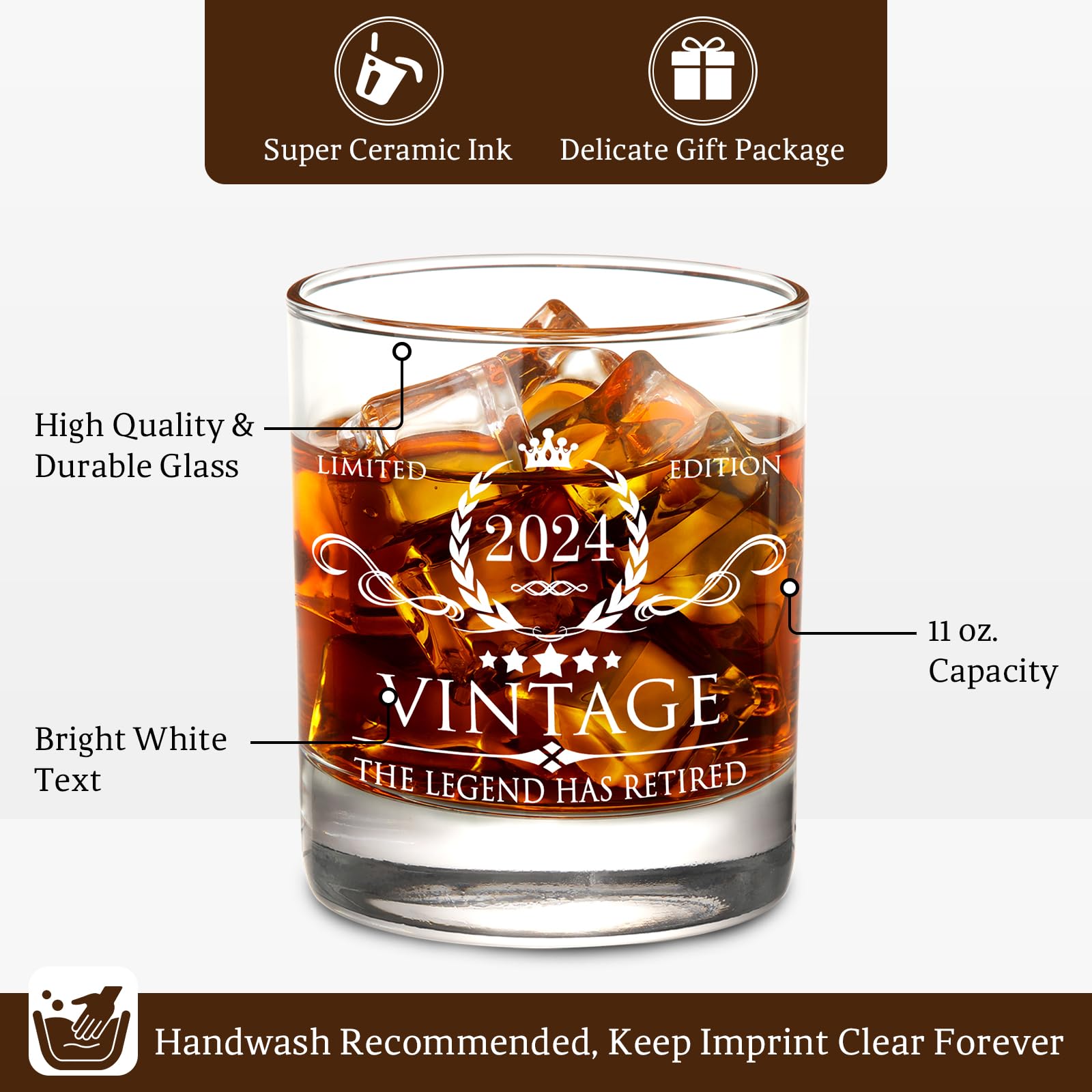Retirement Gifts for Men Whiskey Glass Set - The Legend Has Retired 2024 - Retirement Party Decorations, Supplies - Gifts Ideas for Him, Dad, Husband, Friends - Wood Box & Whiskey Stones & Coaster