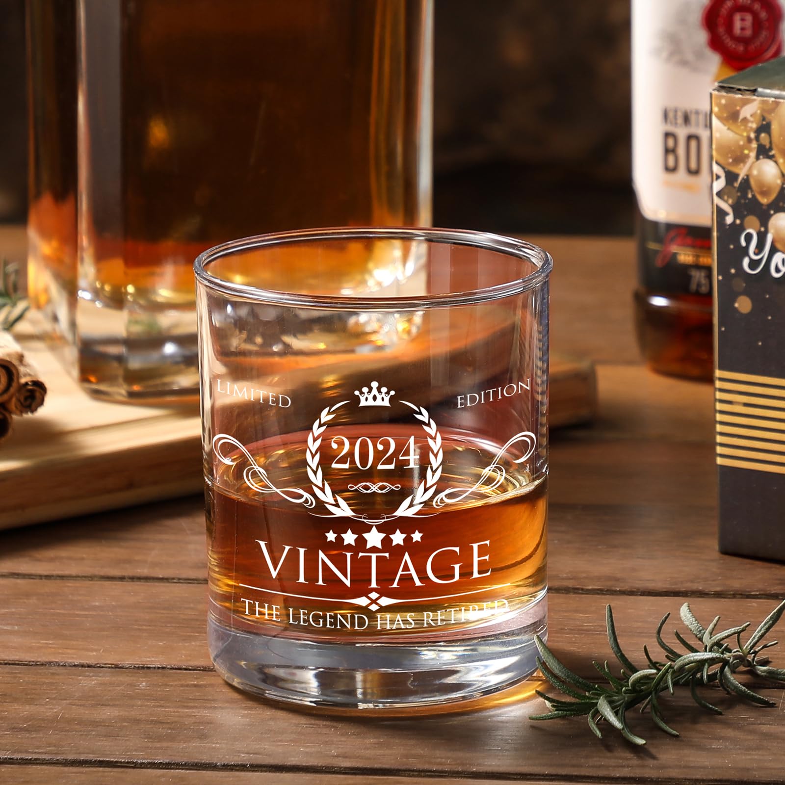 Retirement Gifts for Men Whiskey Glass Set - The Legend Has Retired 2024 - Retirement Party Decorations, Supplies - Gifts Ideas for Him, Dad, Husband, Friends - Wood Box & Whiskey Stones & Coaster