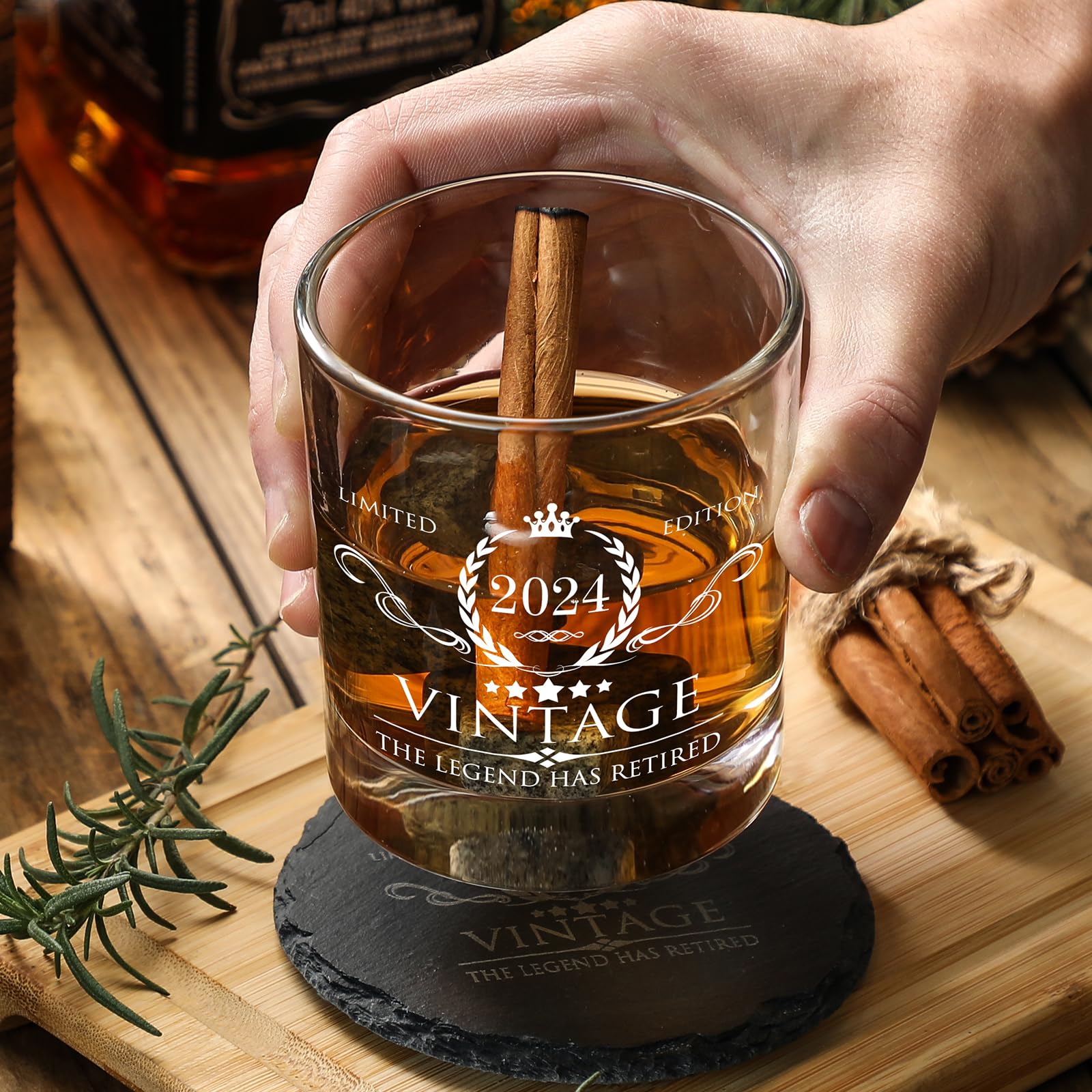 Retirement Gifts for Men Whiskey Glass Set - The Legend Has Retired 2024 - Retirement Party Decorations, Supplies - Gifts Ideas for Him, Dad, Husband, Friends - Wood Box & Whiskey Stones & Coaster