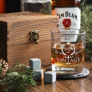 Retirement Gifts for Men Whiskey Glass Set - The Legend Has Retired 2024 - Retirement Party Decorations, Supplies - Gifts Ideas for Him, Dad, Husband, Friends - Wood Box & Whiskey Stones & Coaster