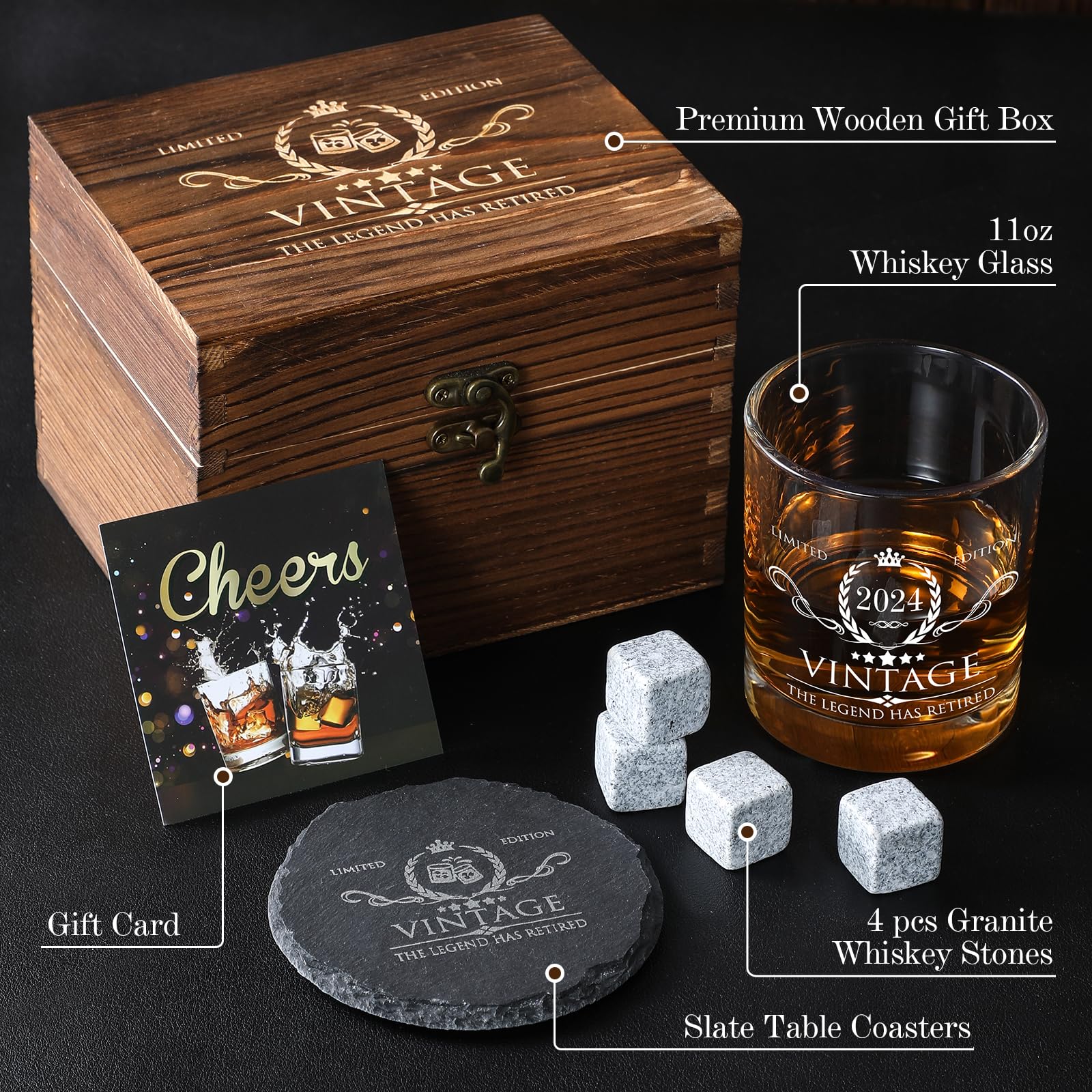 Retirement Gifts for Men Whiskey Glass Set - The Legend Has Retired 2024 - Retirement Party Decorations, Supplies - Gifts Ideas for Him, Dad, Husband, Friends - Wood Box & Whiskey Stones & Coaster