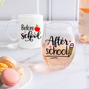 Teacher Appreciation Gifts Set Before School After School 11Oz Coffee Mug 20 Oz Stemless Wine Glass Teacher Retirement Gift First Day of School Birthday Present Back To School Christmas Thanksgiving