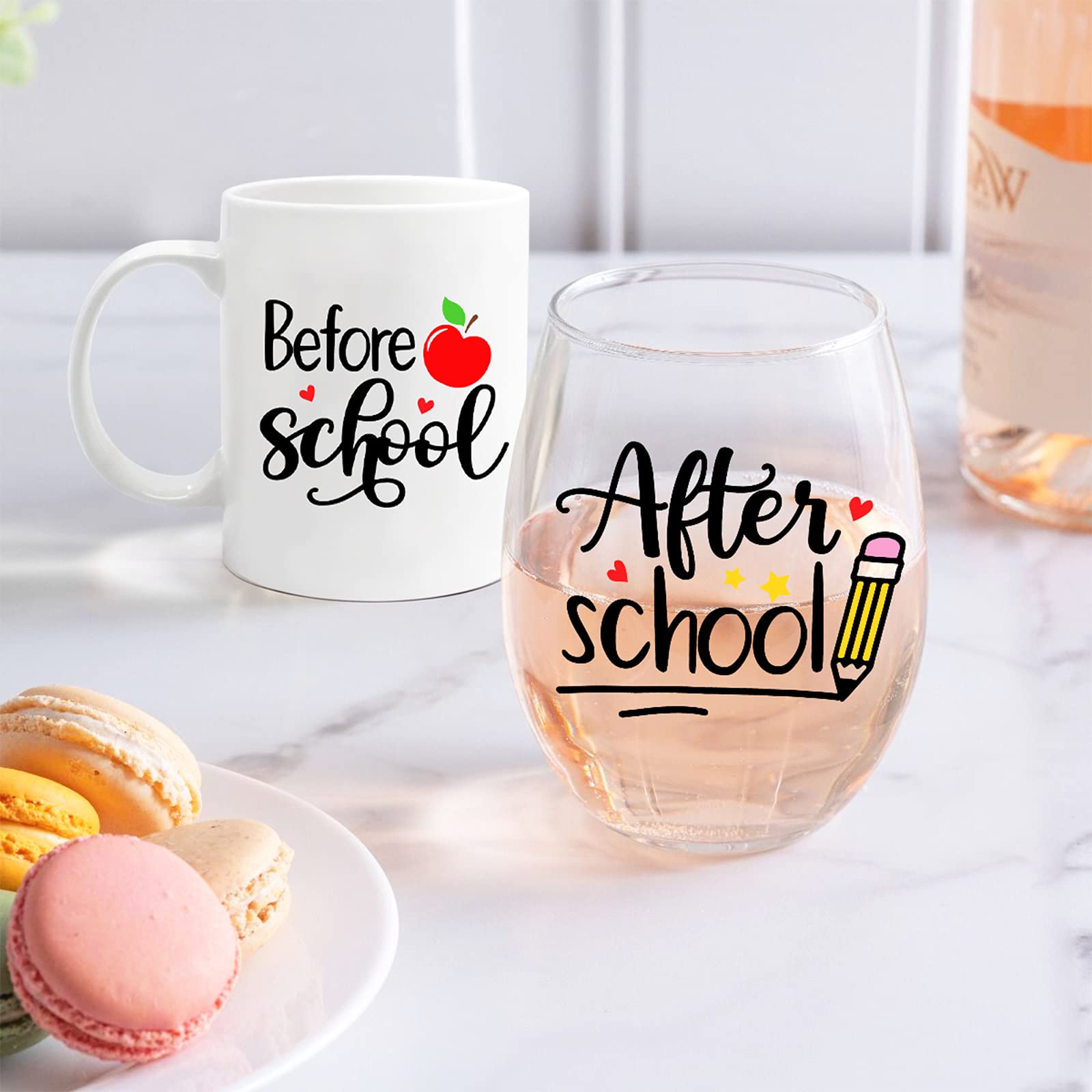 Teacher Appreciation Gifts Set Before School After School 11Oz Coffee Mug 20 Oz Stemless Wine Glass Teacher Retirement Gift First Day of School Birthday Present Back To School Christmas Thanksgiving