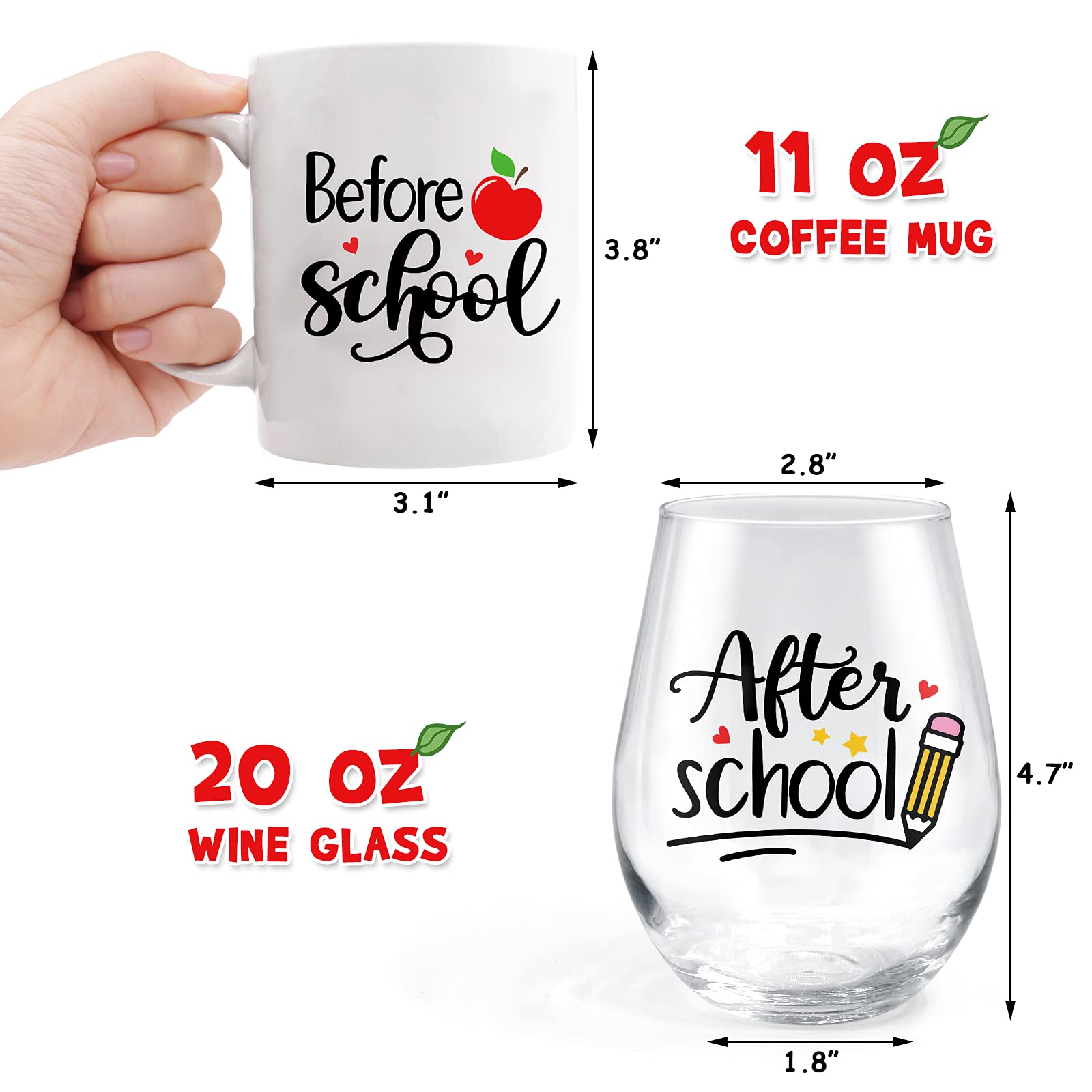 Teacher Appreciation Gifts Set Before School After School 11Oz Coffee Mug 20 Oz Stemless Wine Glass Teacher Retirement Gift First Day of School Birthday Present Back To School Christmas Thanksgiving