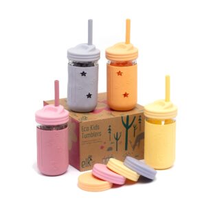 elk and friends kids & toddler cups | the original glass mason jars 12 oz with silicone sleeves straws smoothie spill proof