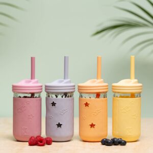 Elk and Friends Kids & Toddler Cups | The Original Glass Mason Jars 12 oz with Silicone Sleeves Straws Smoothie Spill Proof