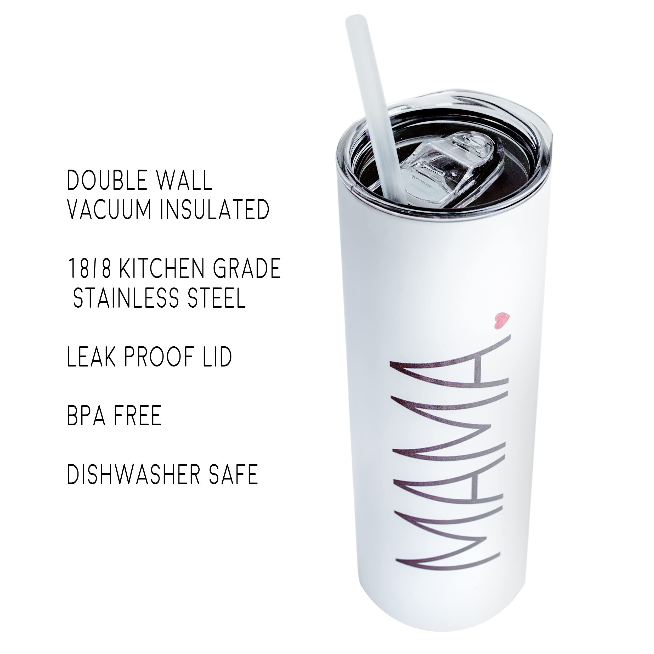 MAMA Tumbler with Lid & Straw - 18/8 Stainless Steel, Double Wall Vacuum Insulated - Travel Thermal Bottle for Coffee, Water, Juice, Wine - Ideal Gift for Mother's Day, Mom's Birthday, New Mom - 20oz