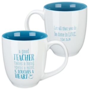 christian art gifts ceramic 14 oz coffee mug microwave, and dishwasher safe inspirational bible verse mug for teachers: touches a heart - 1 corinthians 16:14 blue and white novelty cup