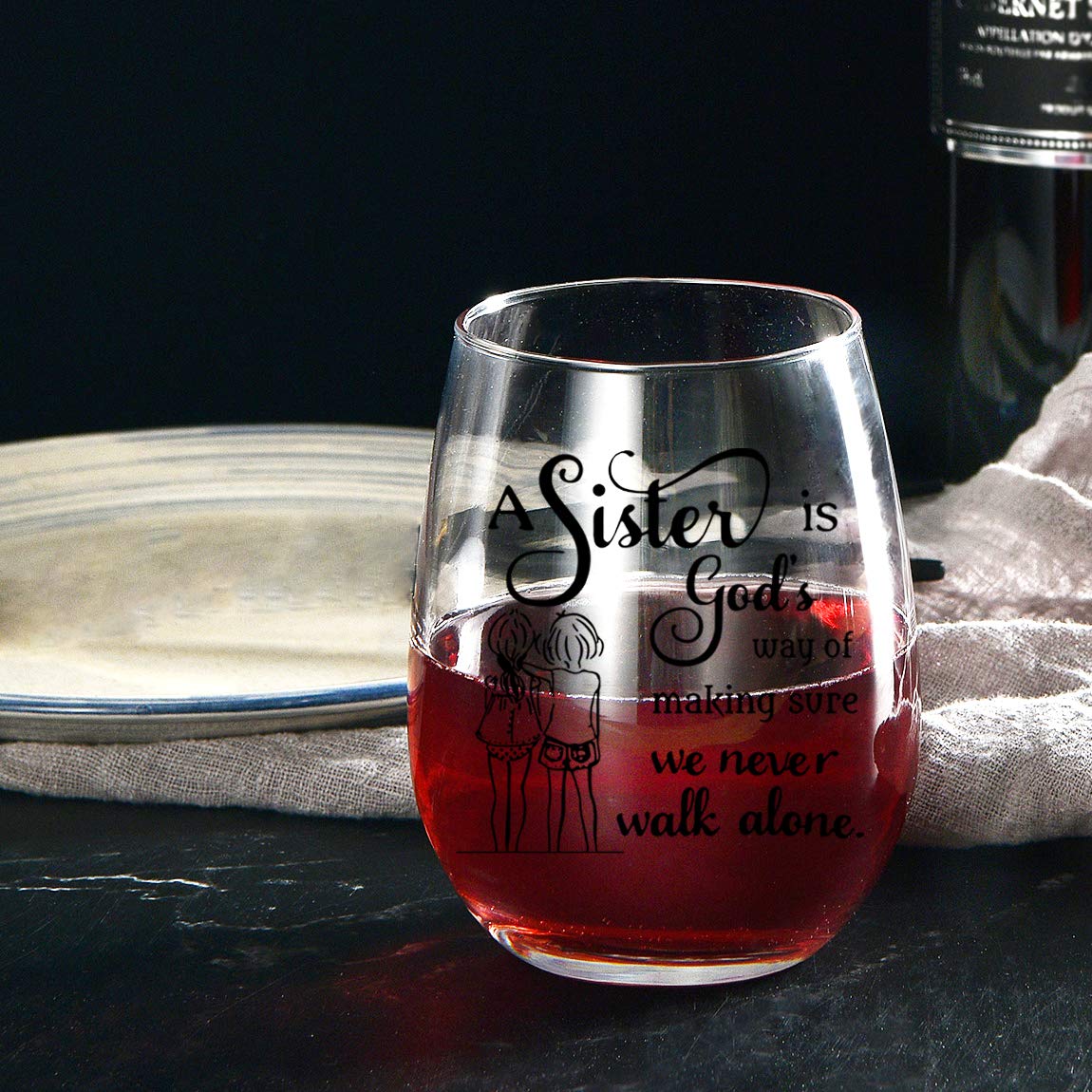 HAYOOU Sister Gifts from Sister -15oz Wine Glass, Mother's Day, Christmas Birthday Gifts for Sister -A Sister's God Way of Making Sure We Never Walk Alone