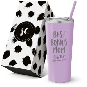 Best Bonus Mom Stainless Steel Coffee Mug with Insulated Travel Tumbler and Straw - Birthday Gift for Bonus Mom, Best Mom Ever, Friend, and Work Mom - Stepmom Travel Coffee Cup, Coffee Tumbler