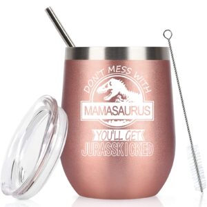 Mamasaurus Tumbler Don't Mess with Mamasaurus You'll Get Jurasskicked Tumbler Birthday Mothers Day Gifts for Mom from Daughter Son Kids Mom Gifts 12 Ounce with Gift Box Rose Gold
