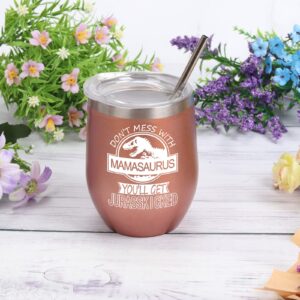 Mamasaurus Tumbler Don't Mess with Mamasaurus You'll Get Jurasskicked Tumbler Birthday Mothers Day Gifts for Mom from Daughter Son Kids Mom Gifts 12 Ounce with Gift Box Rose Gold