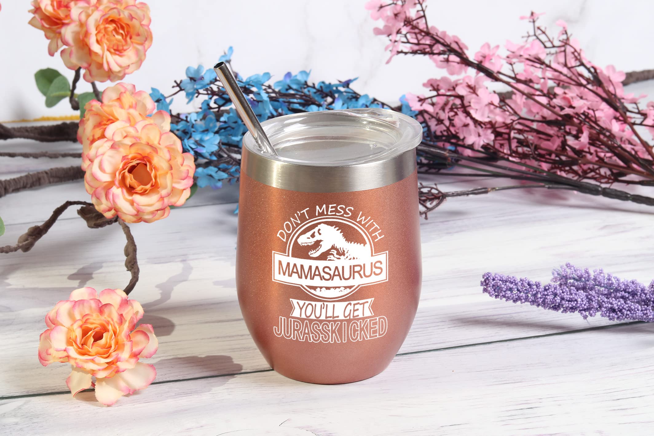 Mamasaurus Tumbler Don't Mess with Mamasaurus You'll Get Jurasskicked Tumbler Birthday Mothers Day Gifts for Mom from Daughter Son Kids Mom Gifts 12 Ounce with Gift Box Rose Gold
