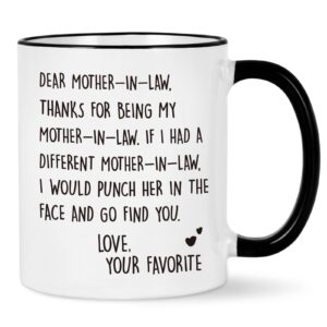yhrjwn christmas mothers day gifts from daughter in law, dear mother in law coffee mug, mother in law gifts from daughter in law, birthday mother's day gifts for mother in law, 11 oz white