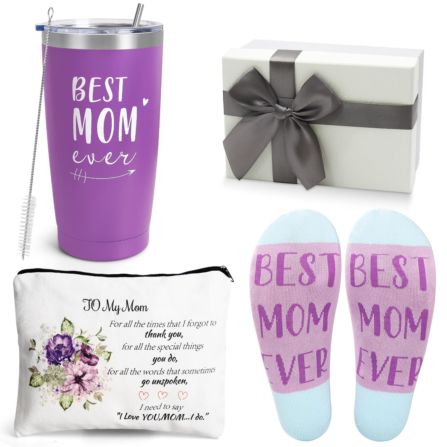 UAREHIBY Mothers Day Gifts for Mom from Daughter Son,20 OZ Wine Tumbler from Husband,Mama Birthday Gifts with Socks,New Mom Gifts,Valentines Day Gifts for Mom(Purple)