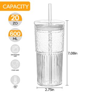 QWEZXO Glass Cups With Lids and Glass Straws，20 OZ High Borosilicate Glass Tumbler Iced Coffee Water Smoothie…