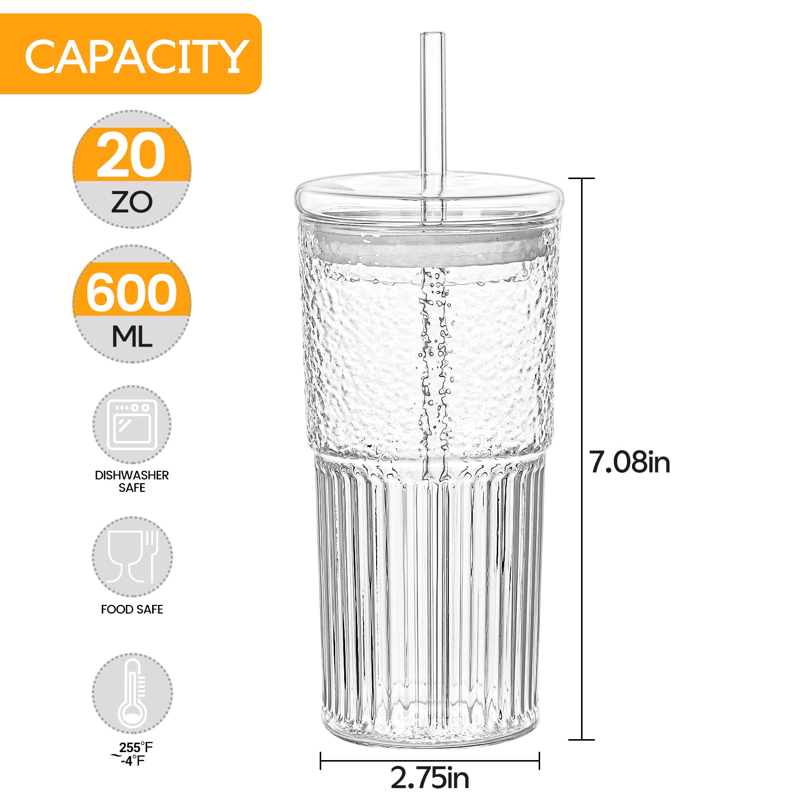 QWEZXO Glass Cups With Lids and Glass Straws，20 OZ High Borosilicate Glass Tumbler Iced Coffee Water Smoothie…