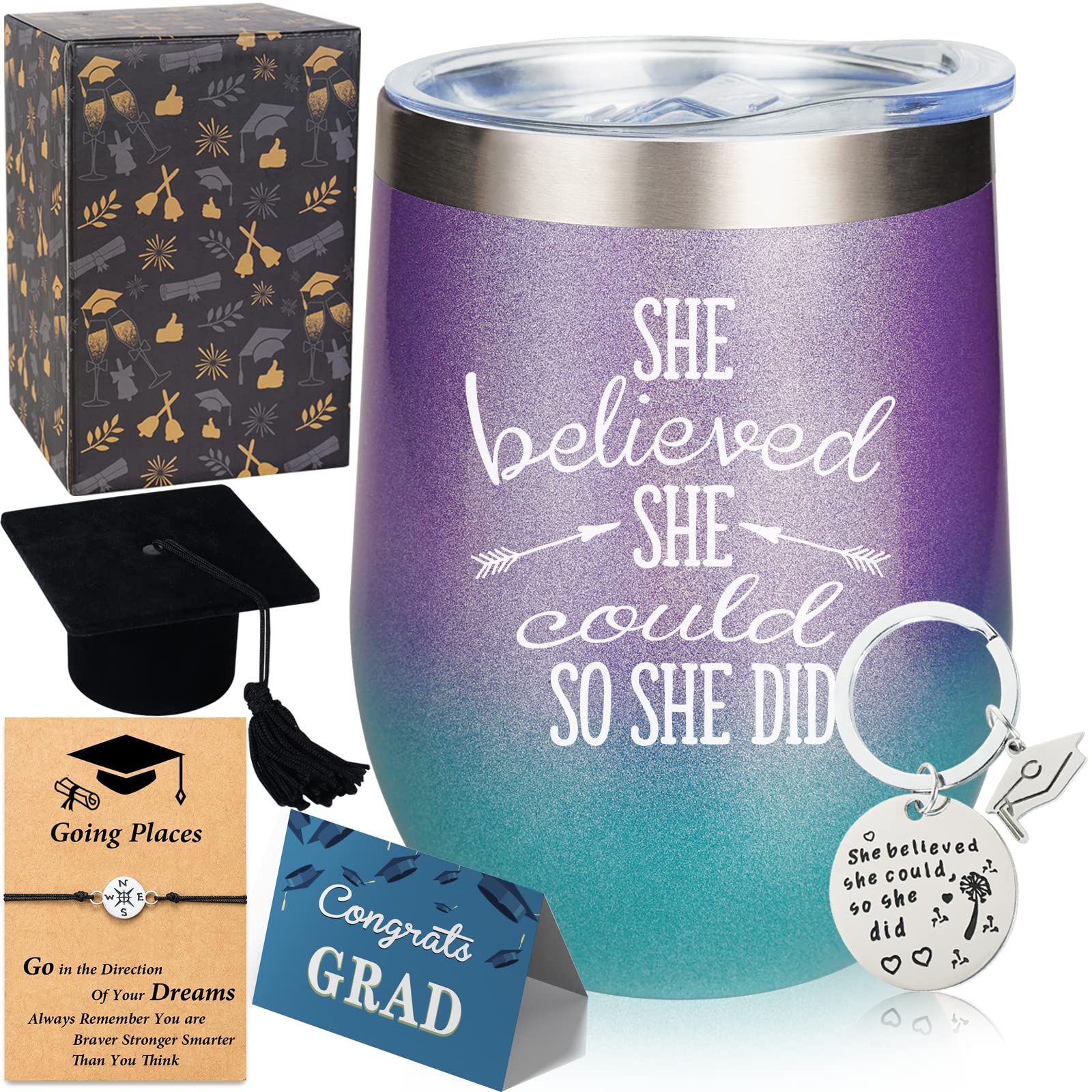 She Believed She Could So She Did, 12 oz Stainless Steel Stemless Wine Tumbler with Keychain, Congratulations, 2024 Graduation, Promotion, Going Away, Job Change, Congrats Gift (Glitter Gradation)