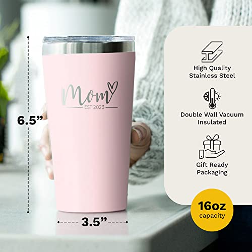 New Mom Gifts for Women After Birth - Mom Est. 2023, 16 oz Blush Mom Tumbler with Lid - Sentimental Gifts for Mom - First Mothers Day Gifts - First Time Mom Gifts - Pregnancy Gifts for First Time Moms