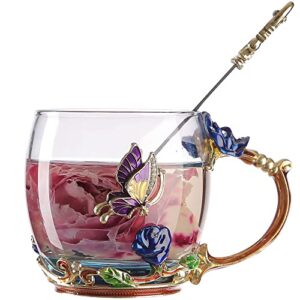 noviiml els butterfly flower tea cup, glass coffee mugs with spoon, valentines mothers day graduation christmas gifts for women wife mom her grandma girls teacher friends, birthday present idea