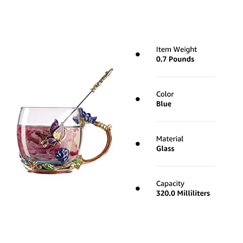 NOVIIML els Butterfly Flower Tea Cup, Glass Coffee Mugs with Spoon, Valentines Mothers Day Graduation Christmas Gifts for Women Wife Mom Her Grandma Girls Teacher Friends, Birthday Present Idea