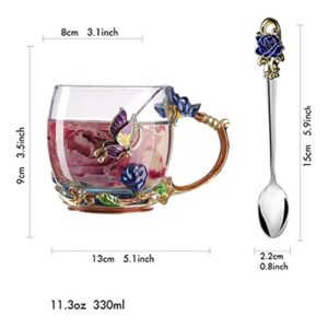 NOVIIML els Butterfly Flower Tea Cup, Glass Coffee Mugs with Spoon, Valentines Mothers Day Graduation Christmas Gifts for Women Wife Mom Her Grandma Girls Teacher Friends, Birthday Present Idea