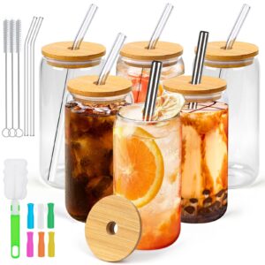 6 pack beer coffee glasses with bamboo lids and glass straws, 16oz iced coffee cups, can shape glass cups, drinking glasses with lids and straws, beer glasses, ideal for water, soda, tea, gift