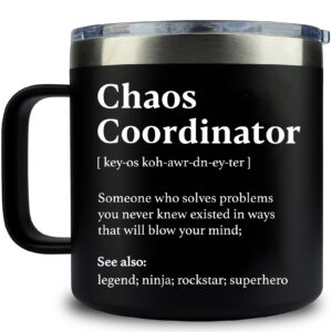 wecacyd chaos coordinator tumbler mug - teacher appreciation gifts, administrative professional day gifts - thank you gifts for women, assistant, coworker, boss, boss lady, nurse - 14oz black mug