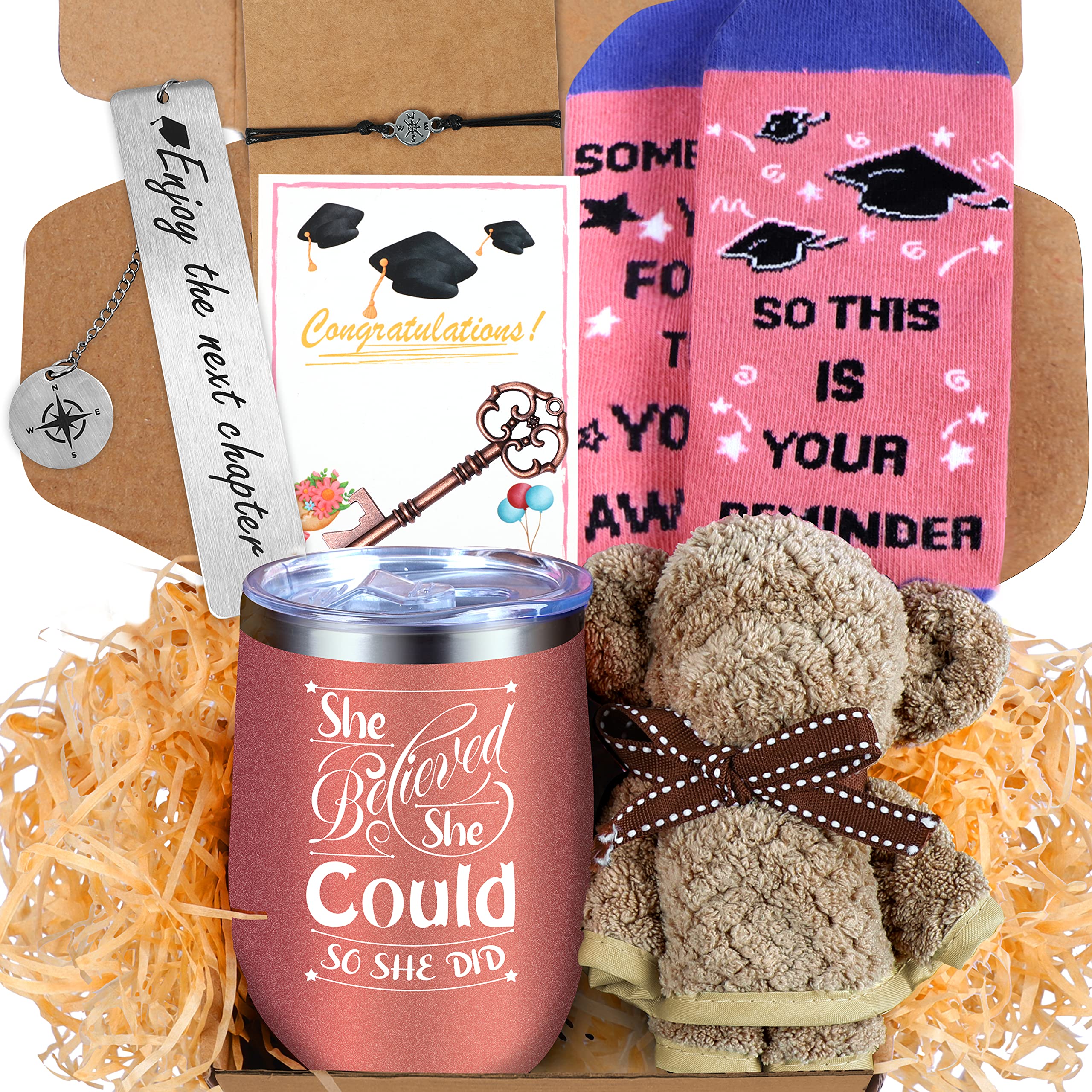 Graduation Gifts for Her 2024 - Grad Gift Set Includes Compass Bracelet,Tumbler,Bookmark,Towel,Key Bottle Opener,Socks for Women Girls