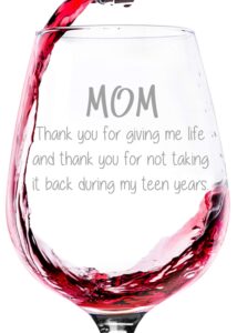 mom giving me life funny wine glass - cool christmas gifts for mom from son, daughter, child - unique xmas best mom gifts - fun gag birthday present idea for mother, women - novelty mom wine glasses