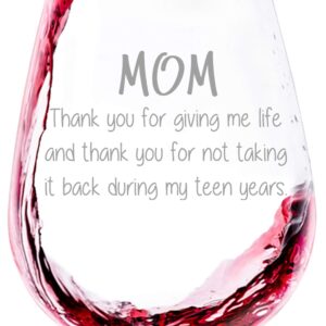 Mom Giving Me Life Funny Wine Glass - Cool Christmas Gifts for Mom from Son, Daughter, Child - Unique Xmas Best Mom Gifts - Fun Gag Birthday Present Idea for Mother, Women - Novelty Mom Wine Glasses