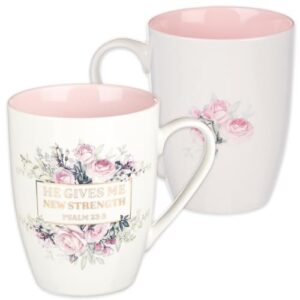 christian art gifts ceramic coffee mug 12 oz inspirational coffee cup for women – women he gives me new strength: psalm 23:3 – lead and cadmium-free drinkware, white and pink floral mug