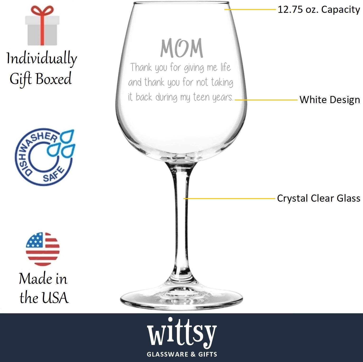 Mom Giving Me Life Funny Wine Glass - Cool Christmas Gifts for Mom from Son, Daughter, Child - Unique Xmas Best Mom Gifts - Fun Gag Birthday Present Idea for Mother, Women - Novelty Mom Wine Glasses