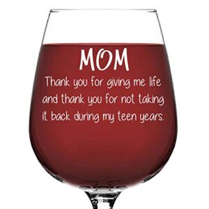 Mom Giving Me Life Funny Wine Glass - Cool Christmas Gifts for Mom from Son, Daughter, Child - Unique Xmas Best Mom Gifts - Fun Gag Birthday Present Idea for Mother, Women - Novelty Mom Wine Glasses