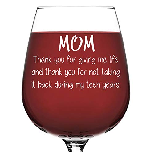 Mom Giving Me Life Funny Wine Glass - Cool Christmas Gifts for Mom from Son, Daughter, Child - Unique Xmas Best Mom Gifts - Fun Gag Birthday Present Idea for Mother, Women - Novelty Mom Wine Glasses