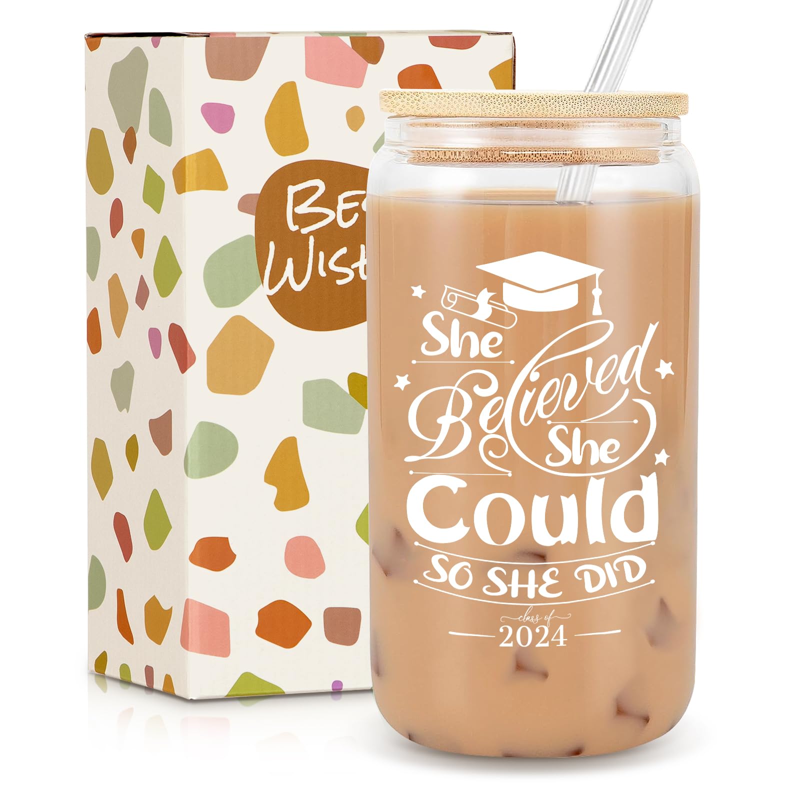 Graduation Gifts - Graduation Gifts for Her 2024 - Class of 2024 - She Believed She Could So She Did - Graduation College Student Gifts New Job Gift Congratulations Gifts - 18oz Glass Coffee Cup