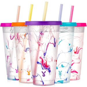 meoky color changing cold cups with lids and straws - 5 pack 24 oz plastic cute tumblers bulk, reusable for kids women party, iced coffee(swirl)