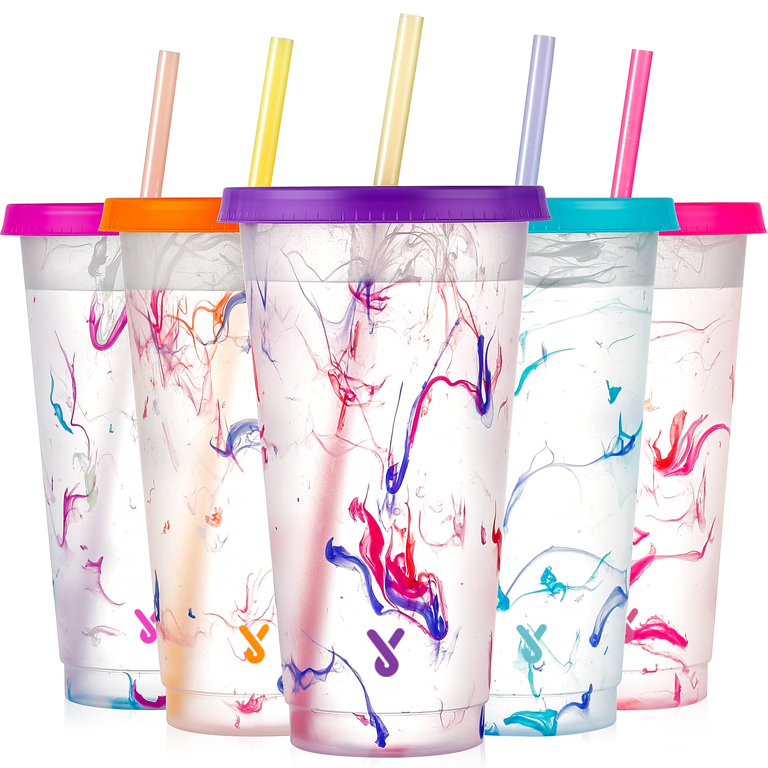 Meoky Color Changing Cold Cups with Lids and Straws - 5 Pack 24 oz Plastic Cute Tumblers Bulk, Reusable for Kids Women Party, Iced Coffee(Swirl)