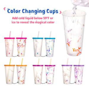 Meoky Color Changing Cold Cups with Lids and Straws - 5 Pack 24 oz Plastic Cute Tumblers Bulk, Reusable for Kids Women Party, Iced Coffee(Swirl)