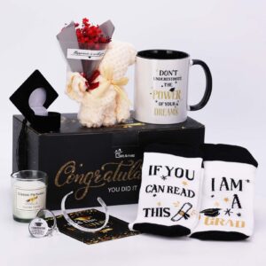 giftamaz 2024 graduation gifts set for her, congrats grad gift basket set include coffee mug, keychain, bracelet, candle & flower for senior college graduated women girl congratulations birthday gift